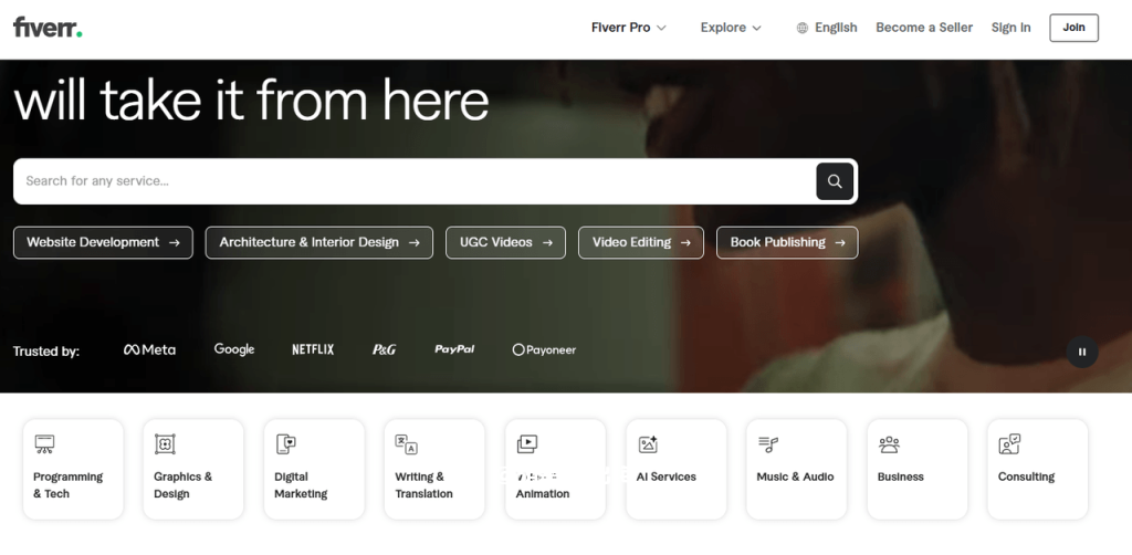 Fiverr官网首页,底部"Trusted by"明确列出Meta、Google、NETFLIX、宝洁、PayPal、Payoneer,说明这平台够正规够大