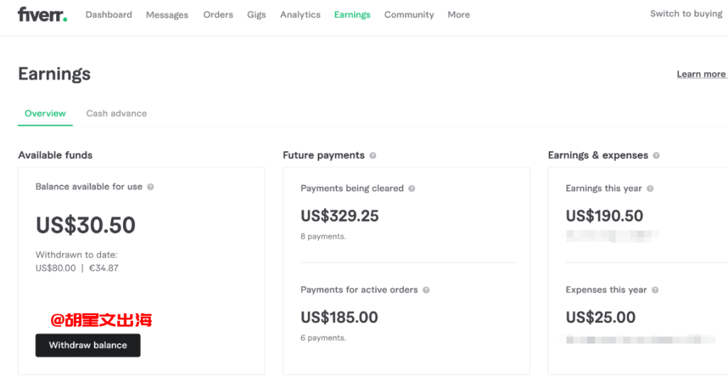 Fiverr卖家后台Earnings收益页面,可用余额US$30.50、正在清算US$329.25、本年度收益US$190.50,提现按钮一目了然