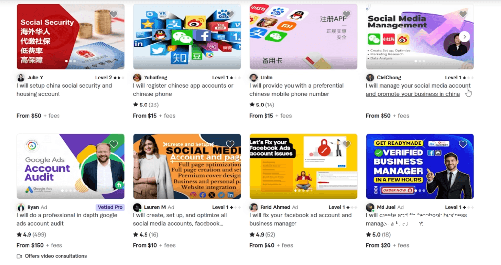 Fiverr搜索结果页,同行真实在卖的中国服务:注册中国APP账号From 15美金、社保代缴From 50美金、社交账号管理From 50美金,都带4.9到5.0评分