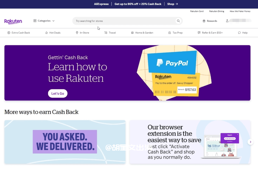 乐天Rakuten官网首页,核心入口是Cash Back现金返还和Refer & Earn拉新奖励