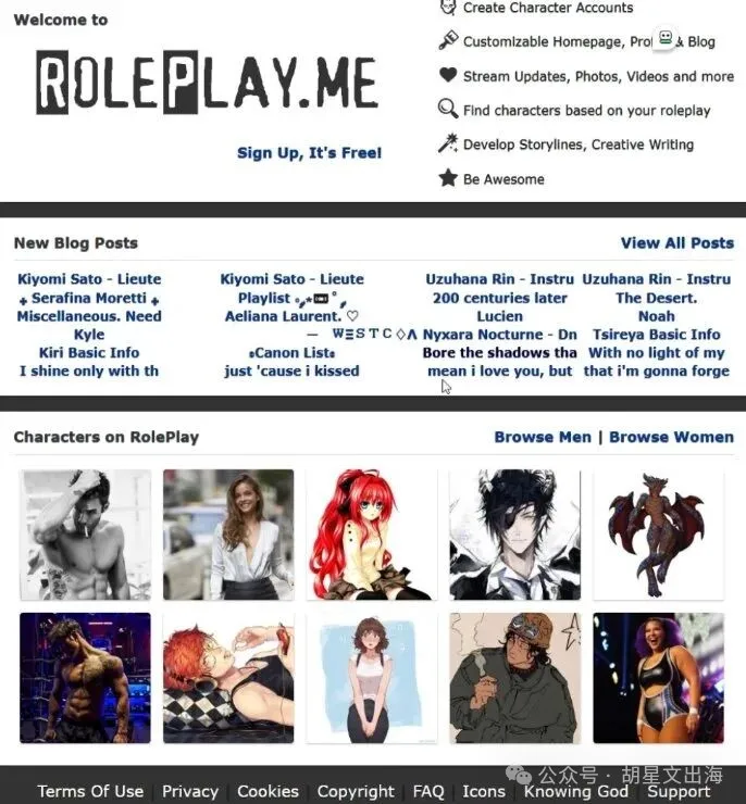 海外角色扮演平台 RolePlay.me 首页:左侧是平台核心功能介绍(创建角色账号、可定制主页、动态更新、找角色、写剧情线),中间是用户发的角色博客帖子,下方是平台上正在运营的角色列表,真人男女、二次元、虚拟形象各种类型都有。