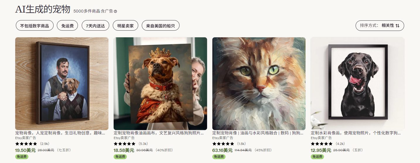 Etsy上的宠物肖像listing及价格