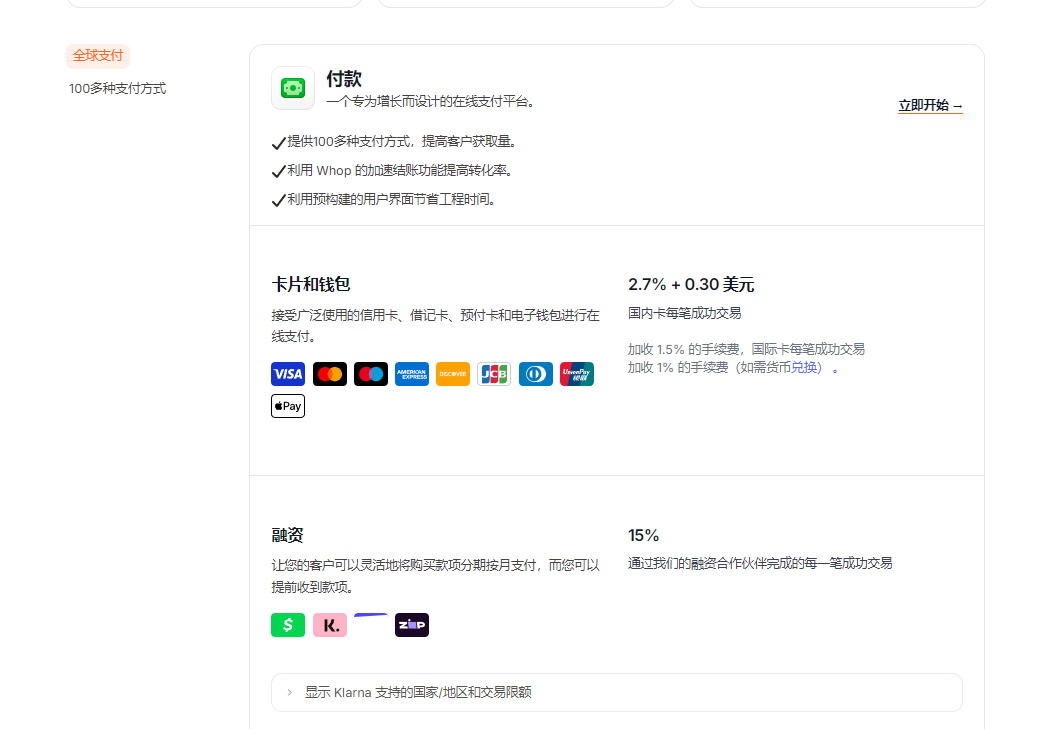 Whop官方费用页:国内卡每笔交易2.7%+0.30美元,国际卡另加手续费