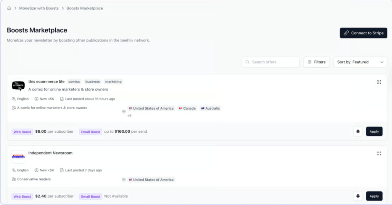 beehiiv Boosts市场任务列表