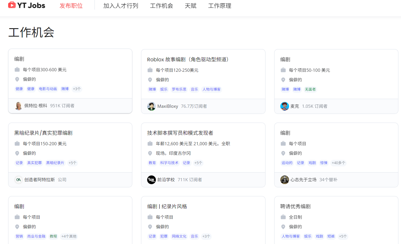 YTjobs上真实油管频道在招脚本写手,附报价