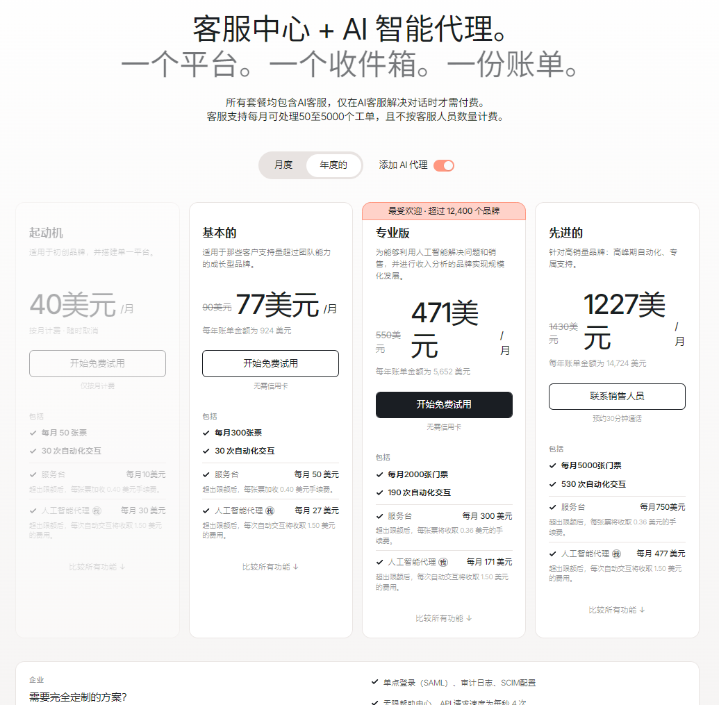 Gorgias客服中心和AI智能代理价格页面截图