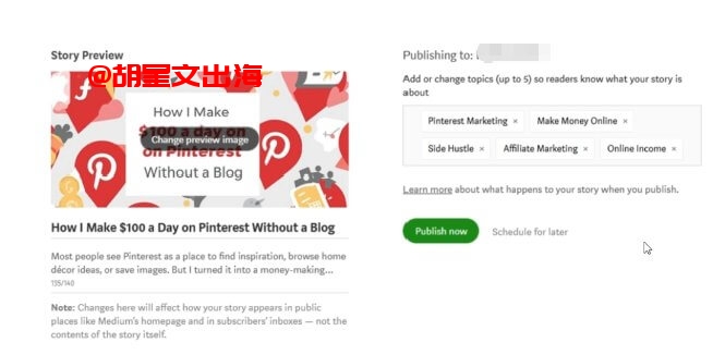 Medium发布页面,右边设置5个标签(Pinterest Marketing、Make Money Online、Side Hustle、Affiliate Marketing、Online Income),点绿色"Publish now"发布