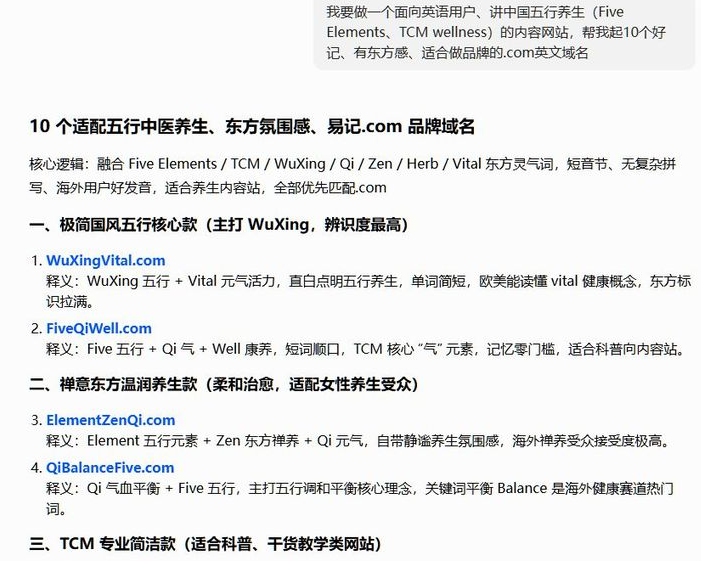 用AI起五行养生英文域名