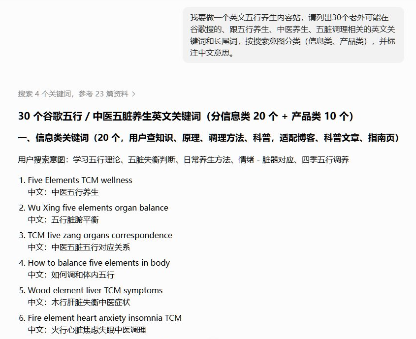 用AI列五行养生英文关键词