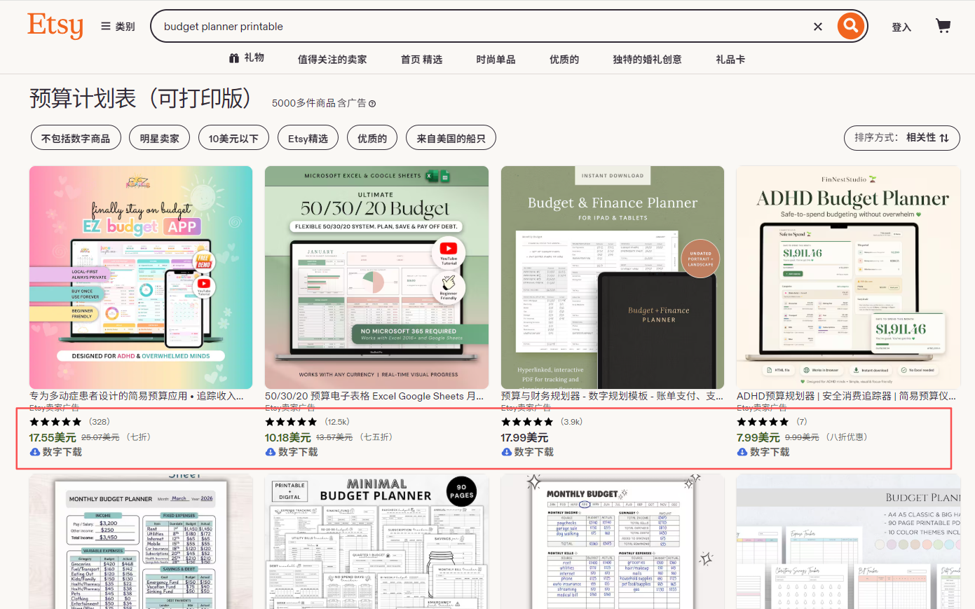 Etsy搜索budget planner printable的商品列表,多款预算表在售,标价7.99到17.99美元,评论数最高1.25万条