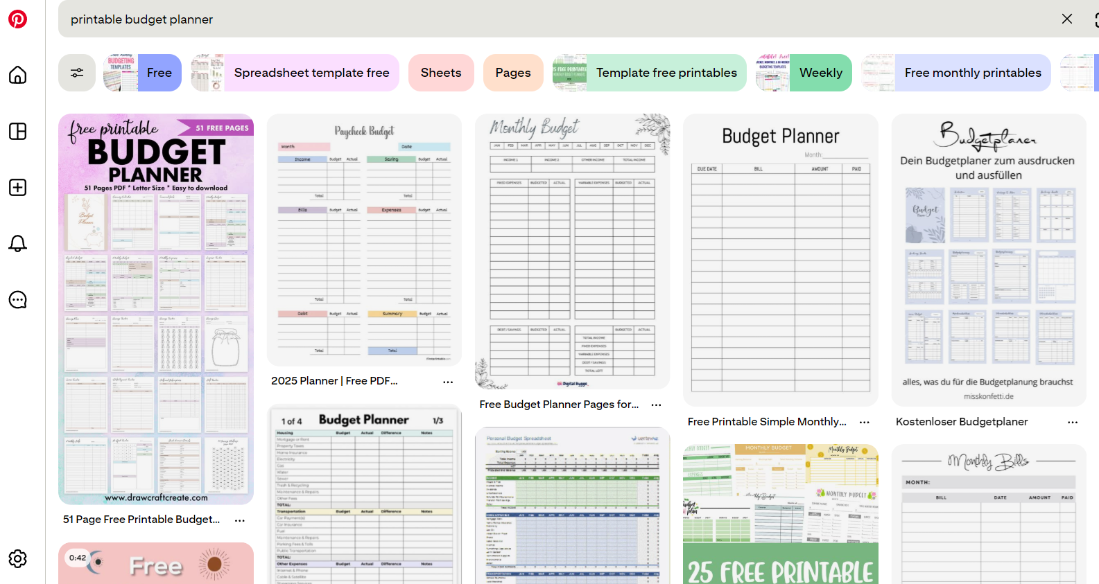 Pinterest搜printable budget planner,满屏的预算表Pin图,多为月度预算表和薪资预算表样式