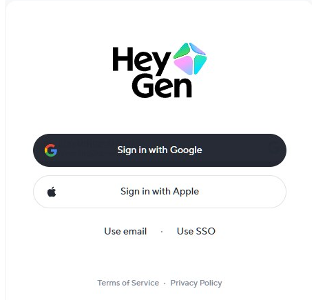 HeyGen数字人工具登录页:大logo下方是用谷歌账号登录、用苹果账号登录、用邮箱登录三个入口
