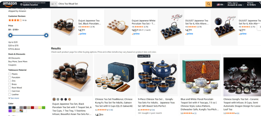 亚马逊搜索China Tea Ritual Set的结果,多款中式茶具套装售价45.99到47.99美金不等,价格区间标到9到195美金,比1688拿货价高出好几倍