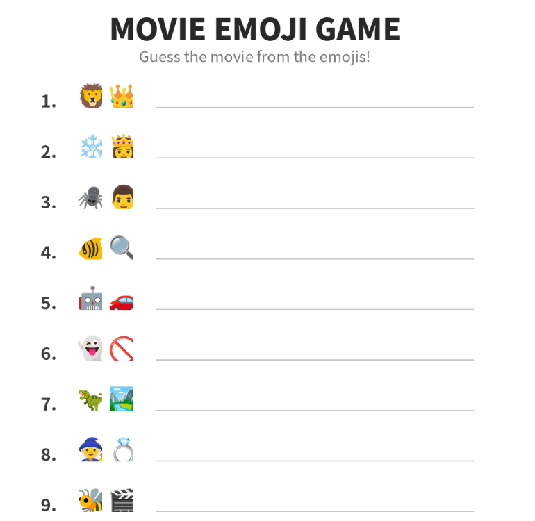 一份电影主题emoji猜词游戏的成品PDF,标题Movie Emoji Game,每道题几个emoji加一条答题横线,让人猜是哪部电影