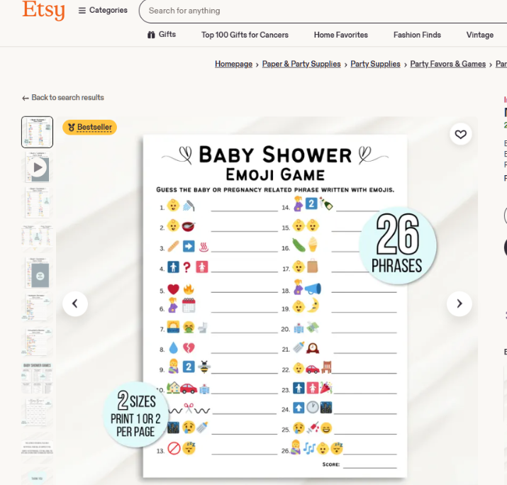 Etsy上一款迎婴派对主题emoji猜词游戏商品页,带Bestseller畅销标记,共26道题,提供两种打印尺寸