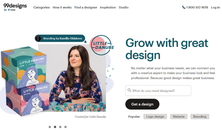 99designs官网首页,标语Grow with great design,展示一个Little Danube品牌的包装设计案例,是比DesignCrowd更高端、预算更高的同类设计比稿平台