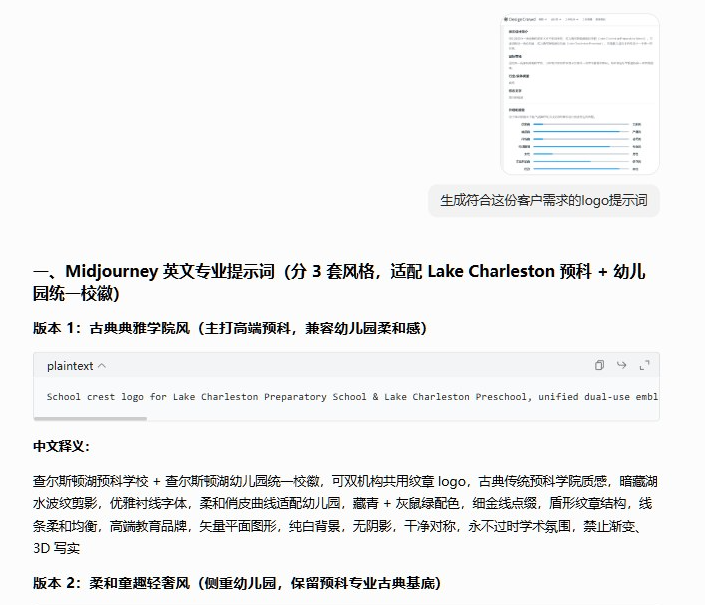 用ChatGPT根据查尔斯顿湖预备学校校徽的客户需求,生成三套不同风格的Midjourney英文提示词,并附中文释义,包括古典典雅学院风等版本