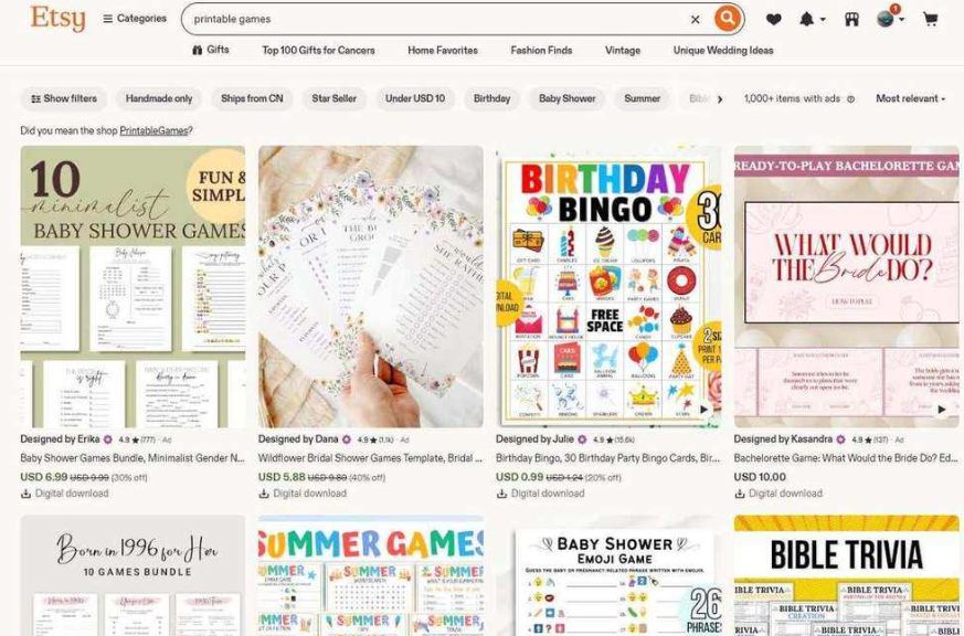 Etsy搜索printable games的结果页,宝宝派对游戏合集6.99美元、生日宾果卡0.99美元、单身派对游戏10美元,全部标注数字下载,卖家评价数从几百到上万