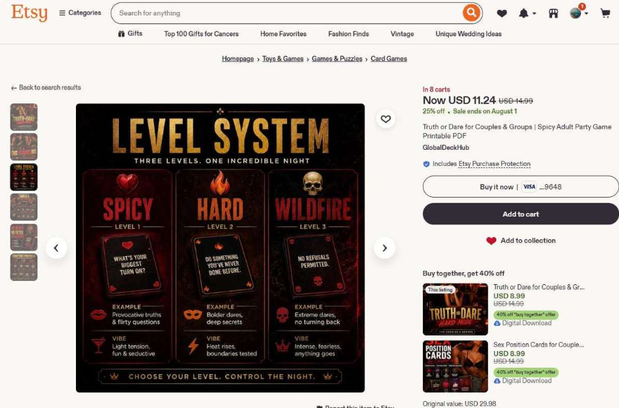 Etsy商品页,情侣真心话大冒险卡牌游戏,分三个难度等级,售价11.24美元,页面显示同时在8个购物车里,卖家GlobalDeckHub