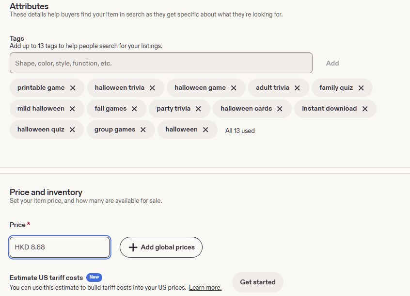 Etsy上架后台,13个标签全部用满,包含halloween trivia、party trivia、instant download等买家搜索词,下方是定价输入框