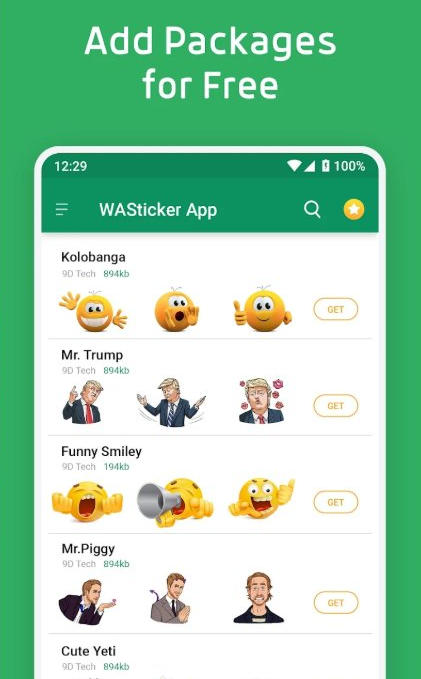 WhatsApp贴纸应用WASticker的界面,展示多套可以免费添加的卡通人物贴纸包