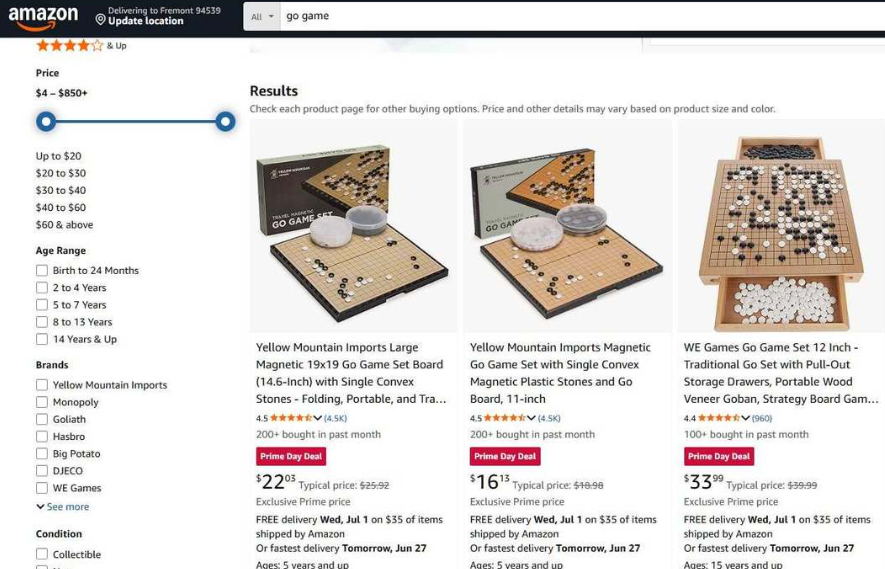 Amazon搜索go game的结果页,Yellow Mountain Imports磁性围棋套装售价22.03美金,标注过去一个月200多人购买