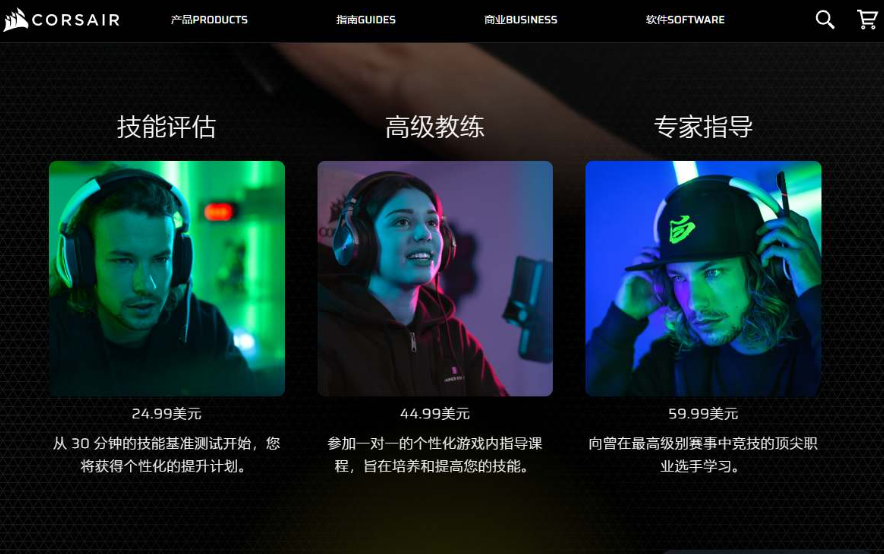 美商海盗船官网的游戏教练服务定价，技能评估24.99美元，高级教练44.99美元，职业选手指导59.99美元