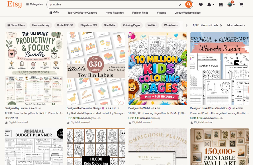 Etsy搜索printable的结果页,效率手册12.99美元、玩具标签9.99美元、千万级儿童涂色页合集1.41美元等数字下载商品,均标注Digital download