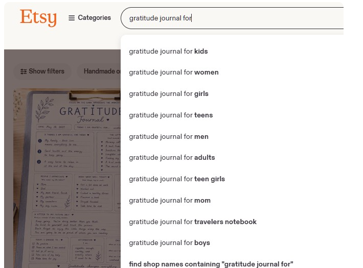 Etsy搜索框输入gratitude journal for后的自动补全下拉列表,显示kids、women、girls、teens、men、adults、mom等真实搜索词