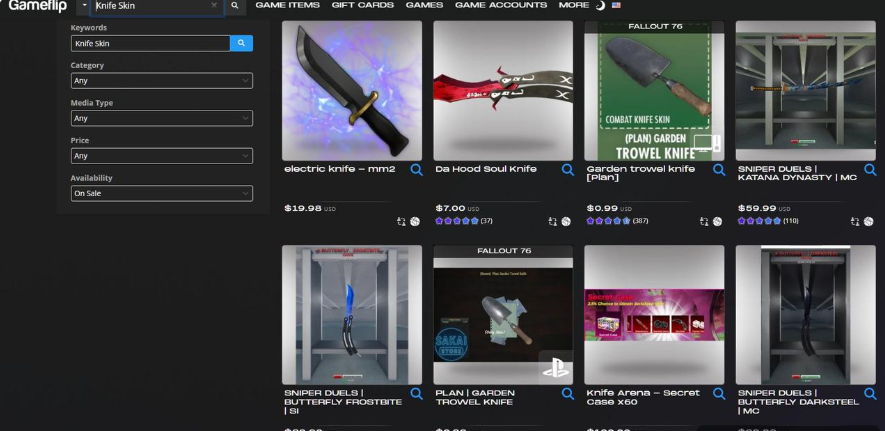 Gameflip搜索Knife Skin的结果页,刀皮标价从0.99美金到59.99美金,59.99美金的武士刀有110条评价