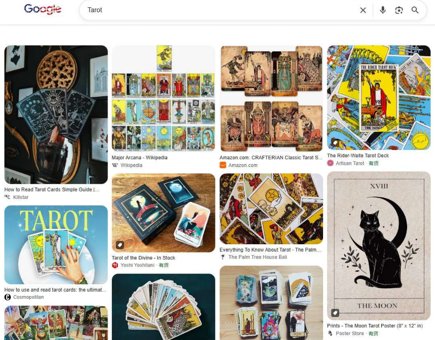 谷歌图片搜索Tarot的结果页,各式塔罗牌卡面和牌阵图,塔罗是和占星相邻的另一个海外热门品类