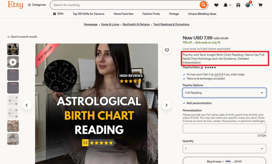 Etsy一个星盘解读畅销商品页,标价7.99美元做75折促销,挂着Best Seller标,下单时要求买家填姓名、出生日期、精确时间和出生地