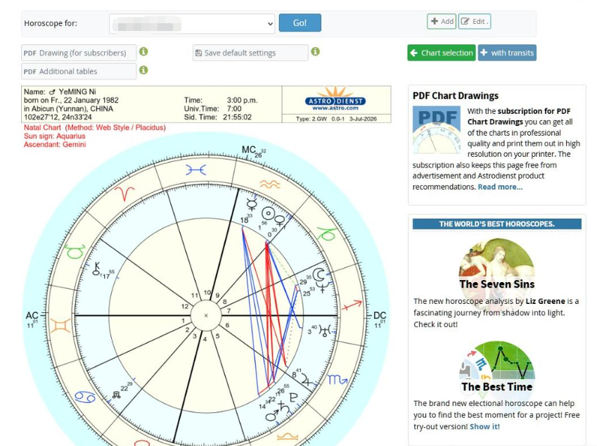 astro网站生成的出生星盘结果页,圆形星盘图标注了各行星位置,左上角显示测试者出生于1982年1月22日云南,太阳水瓶座、上升双子座