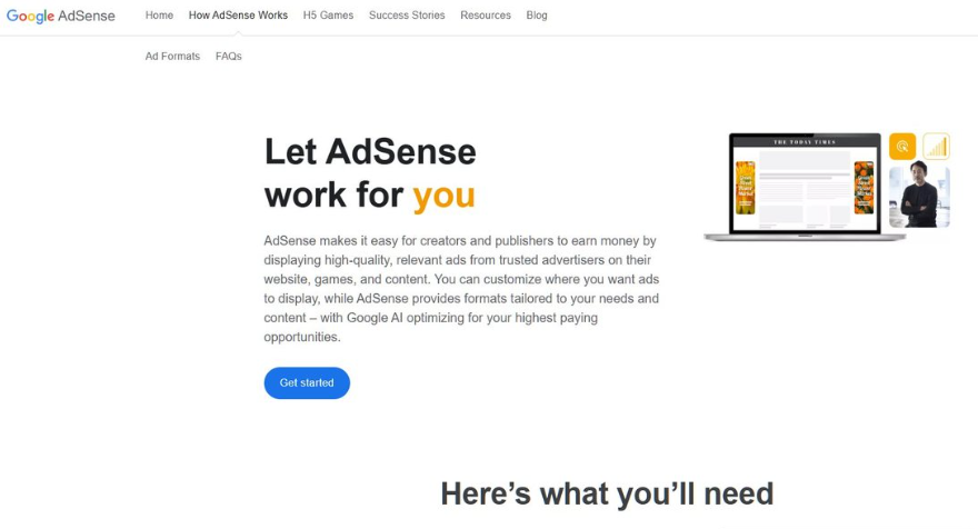 谷歌AdSense官网的How AdSense Works页面,标题Let AdSense work for you,讲AdSense帮创作者和发布商在网站上展示广告赚钱,Ezoic会把AdSense作为广告源之一接进去