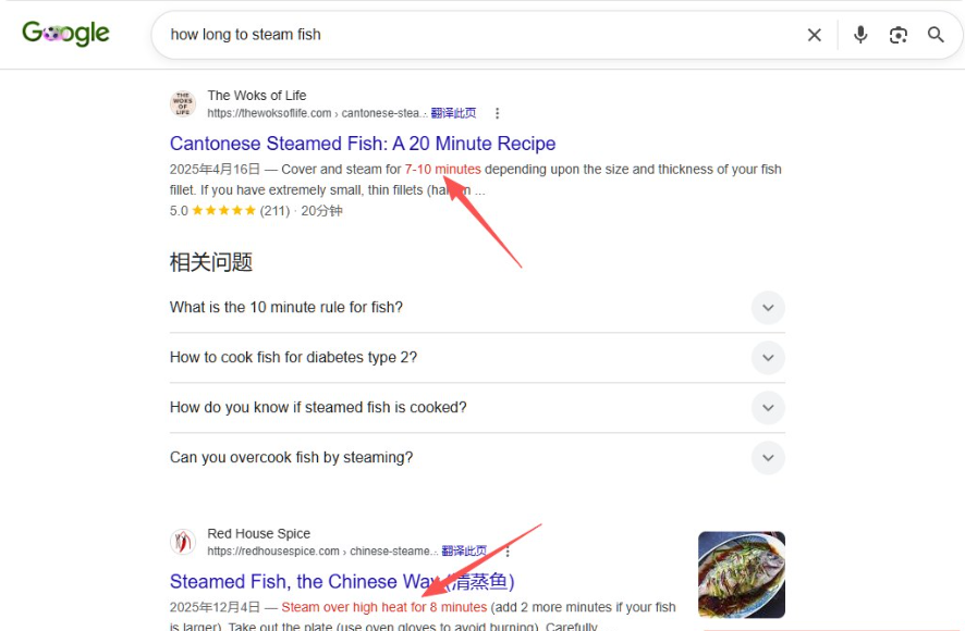 谷歌搜索how long to steam fish,排第一的是华裔美食博客The Woks of Life的粤式蒸鱼食谱,右边还有相关问题