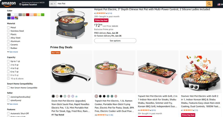 亚马逊搜索Hot Pot电火锅,一体式电火锅售价72.99美金,有四百多评价、两百多人近期购买,是热门的联盟带货品
