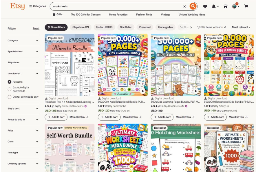 Etsy搜索worksheets的结果页,全是儿童学习练习册合集,500000页学习包1.23到1.99美元、学前幼儿园终极合集1.95美元,都标注数字下载