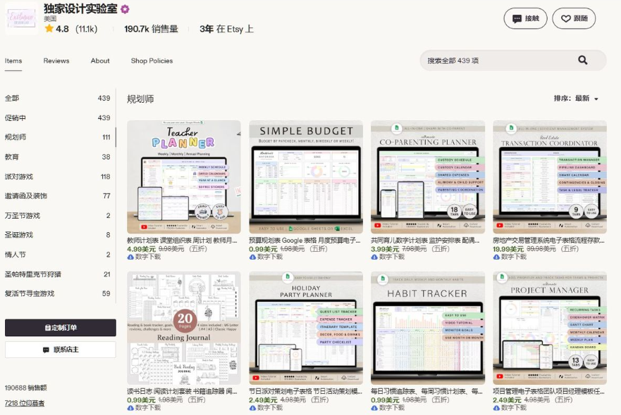 Etsy店铺独家设计实验室页面,439件商品,销量19万单,开店3年,在售教师planner4.99美元、简易预算表0.99美元、习惯打卡表2.49美元等