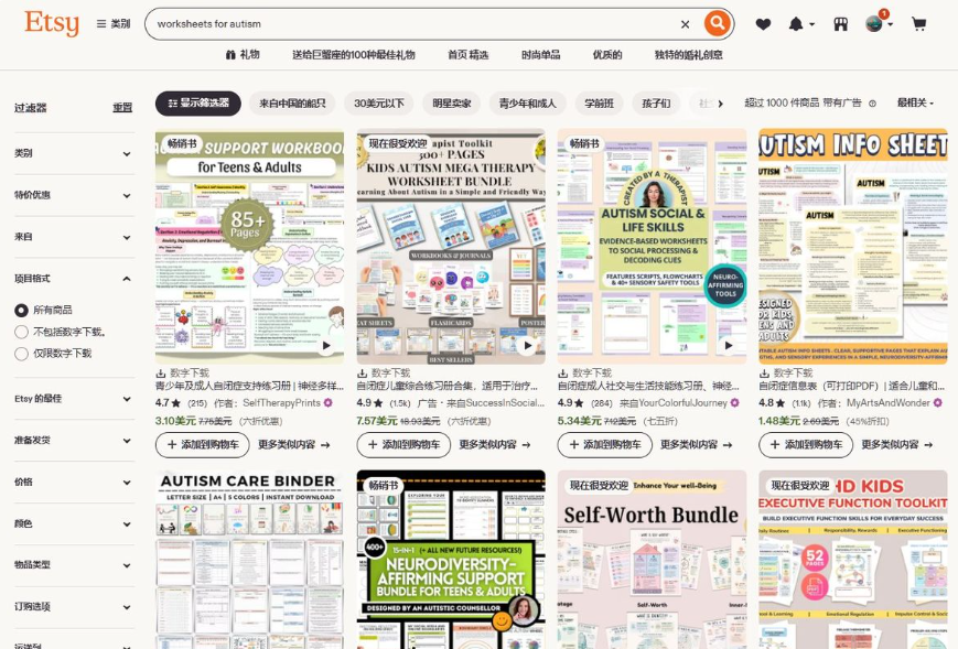 Etsy搜索worksheets for autism的结果页,全是针对自闭症青少年和成人的自助练习册,85页支持工作册3.10美元、社交技能练习5.34美元,都是针对具体人群的产品