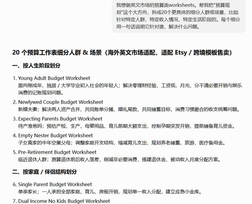 AI对话截图,让AI把预算规划这个大方向拆成20个细分人群,AI给出刚成年年轻人、新婚夫妻、待产准爸妈、空巢父母、单亲家长等预算工作表方向