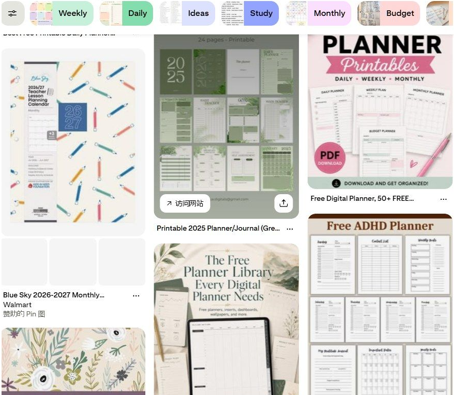 Pinterest上搜索planner的结果,全是老外发的planner和printables封面图,是Gumroad卖家免费引流的主要渠道