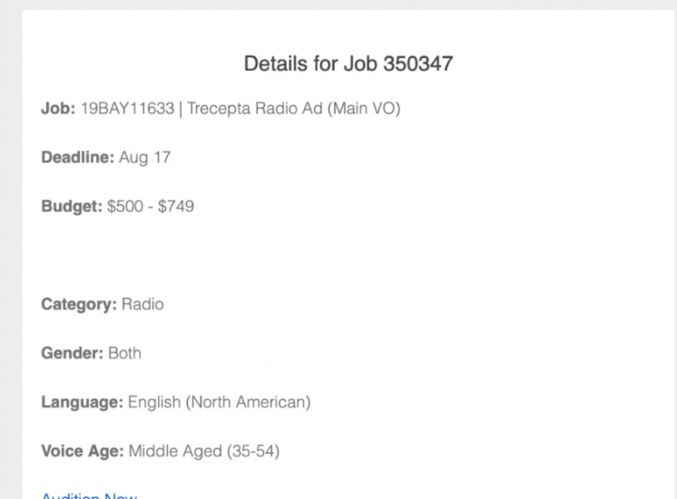 Voices上一个真实配音单的详情页,电台广告Trecepta Radio Ad,预算500到749美金,类别电台,语言北美英语