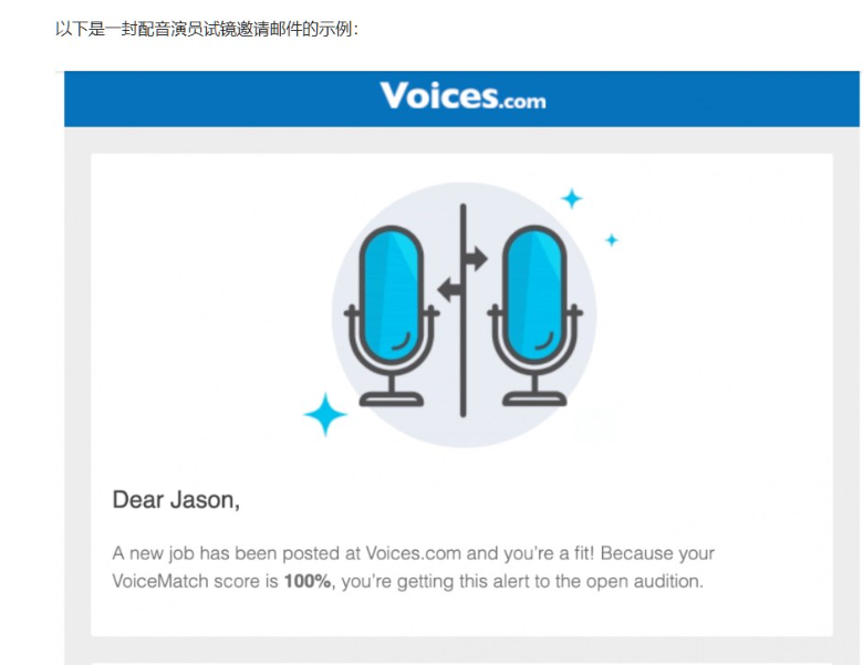 Voices推送的配音试镜邀请邮件示例,提示你的VoiceMatch匹配度100%,有个新单子适合你去投标