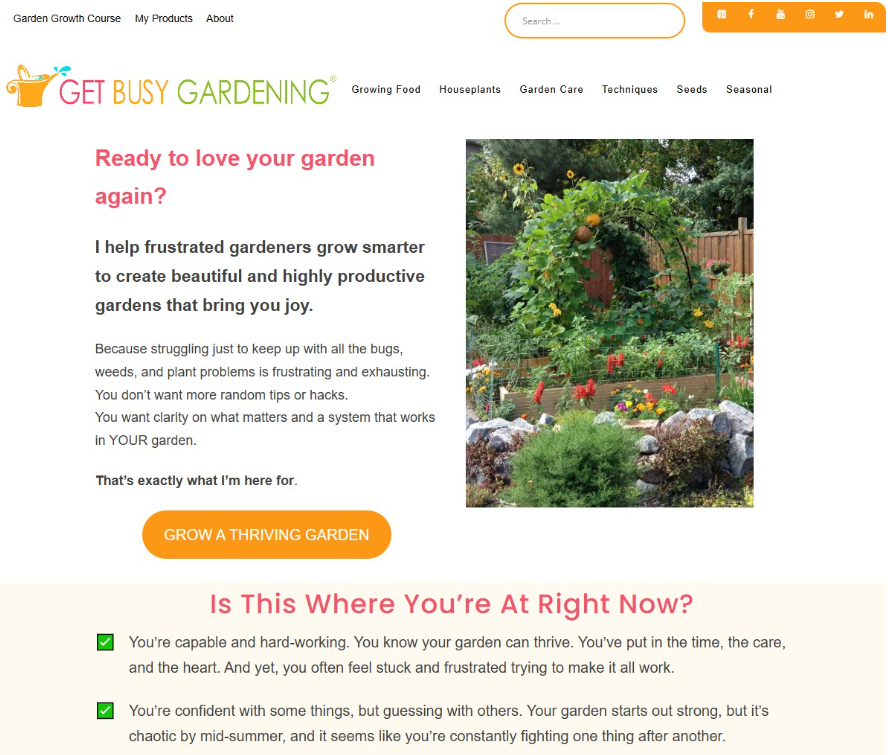 getbusygardening.com首页,创始人Amy的园艺IP定位Ready to love your garden again,配真实花园照片
