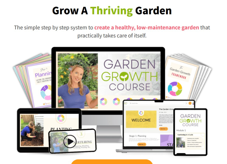getbusygardening招牌课程Garden Growth Course产品图,多设备展示课程内容,创始人Amy真人出镜