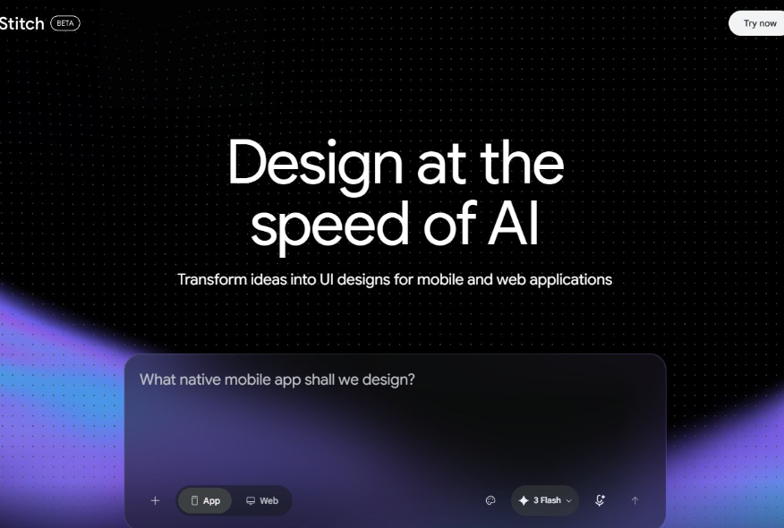 谷歌AI设计工具Stitch的首页,标语是Design at the speed of AI,用文字描述就能生成手机和网页界面