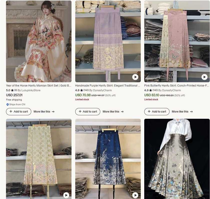 海外购物平台的汉服马面裙商品,售价从70.98美金到257.01美金,标注从中国发货