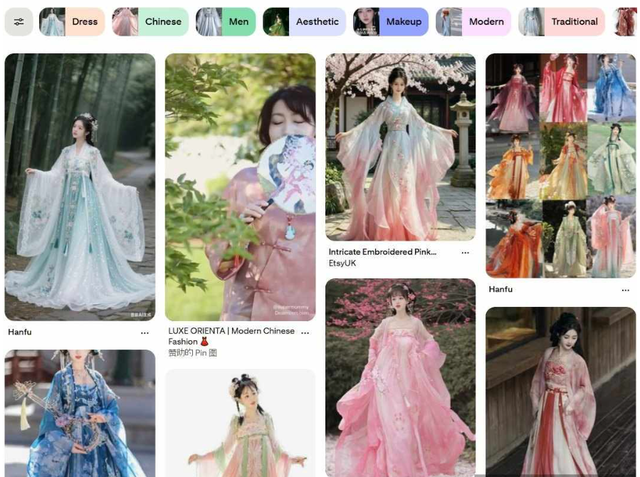 Pinterest搜索hanfu的图片墙,大量汉服古风美图,右上角还有EtsyUK的商品图