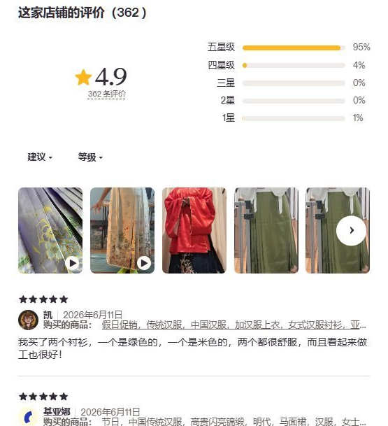 海外店铺评价页4.9分共362条评价,五星占95%,买家晒出购买的马面裙和汉服上衣实拍图