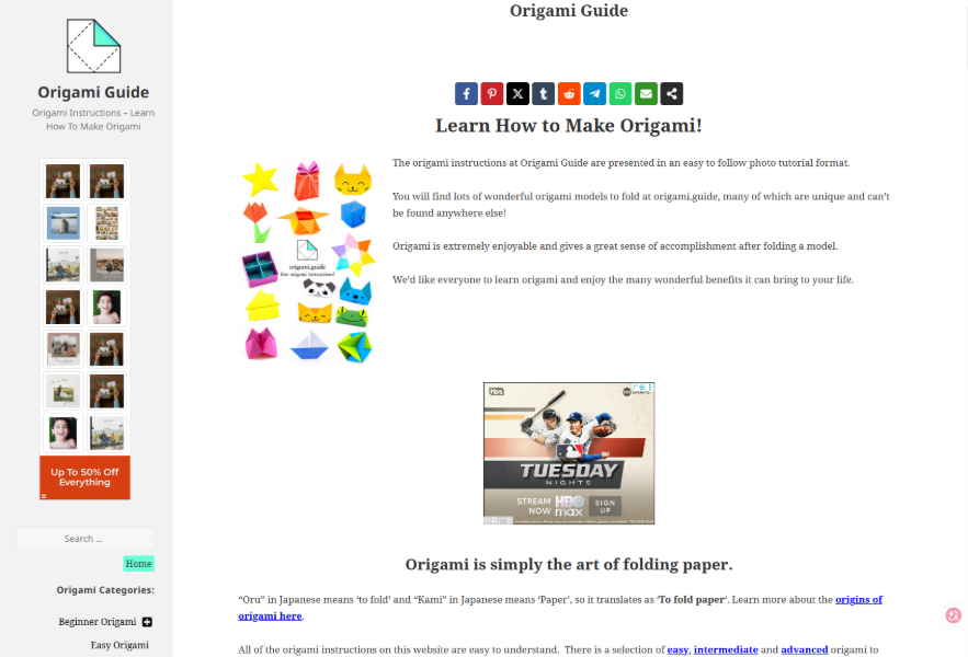 origami.guide折纸教程网站首页,左边是折纸模型分类导航,中间排满各种彩色折纸作品的图文教程